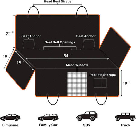 Dog Car Seat Cover, Waterproof Nonslip Pet Seat Cover for Back Seat with Storage Pockets Mesh Visual Window, Black Heavy Duty Scratchproof Pet Dog Seat Cover Hammock for Cars Trucks