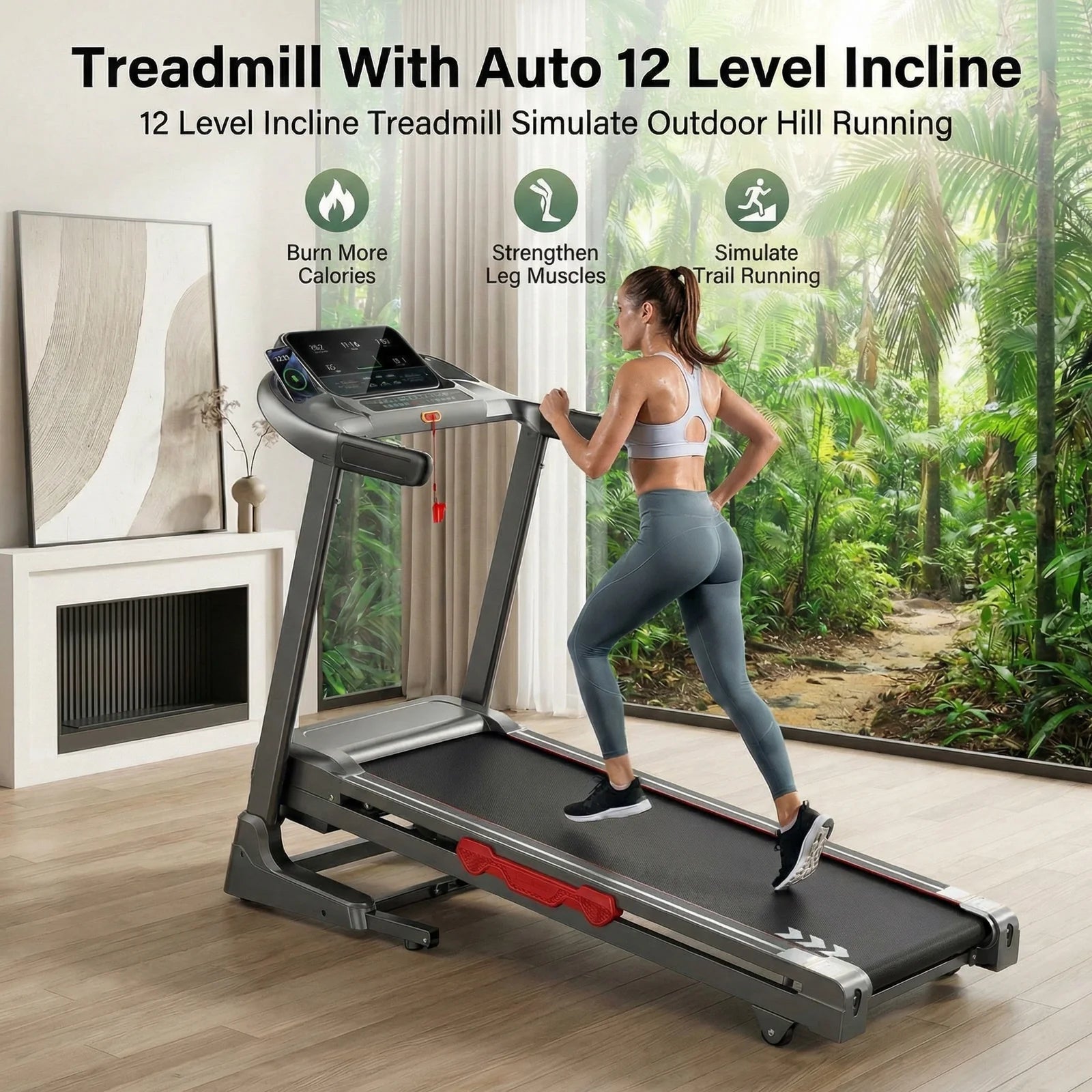 Auto Incline Treadmill Folding Electric Treadmill 286Lbs APP Bluetooth Exercise Treadmill for Home Office Speed Range of 0.6 to 9 Mph