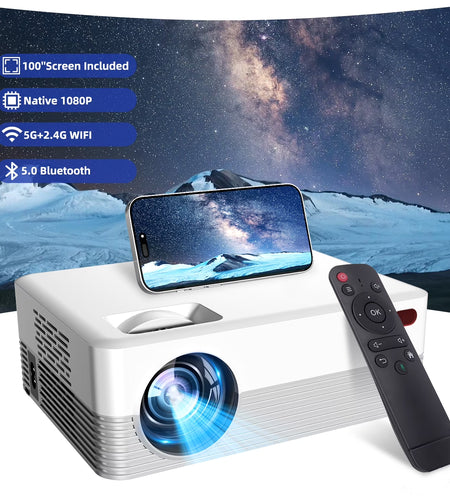 5G Wifi Projector with Bluetooth, 2024 Upgrade Native 1080P Projector for Outdoor & Camping, Wireless Mini Movie Projector Support 4K Resolution, for Home & Camping & Party