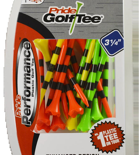 Pride Performance Plastic Golf Tees, 3-1/4" Length, Striped Fruit Mix, 25 Count, Low-Resistance Head for Golf, Longer Drives, Durable Plastic