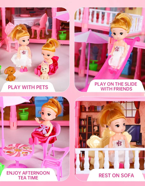 Load image into Gallery viewer, Doll House for Girls, 5-Story 19 Rooms Huge Dollhouse Playset with LED Lights, 2 Dolls, Furnitures, Accessories, DIY Pretend Play House Toys Gifts for Kids, Pink
