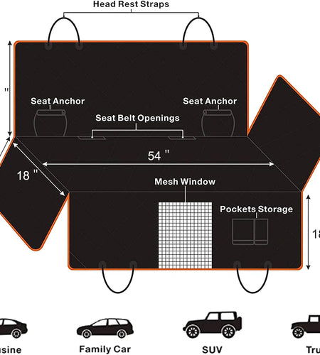 Dog Car Seat Cover,  Waterproof Nonslip Pet Seat Cover for Back Seat with Storage Pockets Mesh Visual Window, Black Heavy Duty Scratchproof Pet Dog Seat Cover Hammock for Cars Trucks