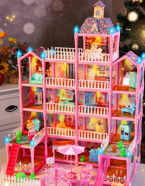 Load image into Gallery viewer, Doll House for Girls, 5-Story 19 Rooms Huge Dollhouse Playset with LED Lights, 2 Dolls, Furnitures, Accessories, DIY Pretend Play House Toys Gifts for Kids, Pink
