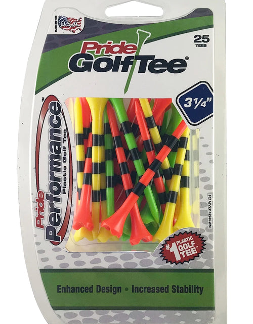 Load image into Gallery viewer, Pride Performance Plastic Golf Tees, 3-1/4" Length, Striped Fruit Mix, 25 Count, Low-Resistance Head for Golf, Longer Drives, Durable Plastic
