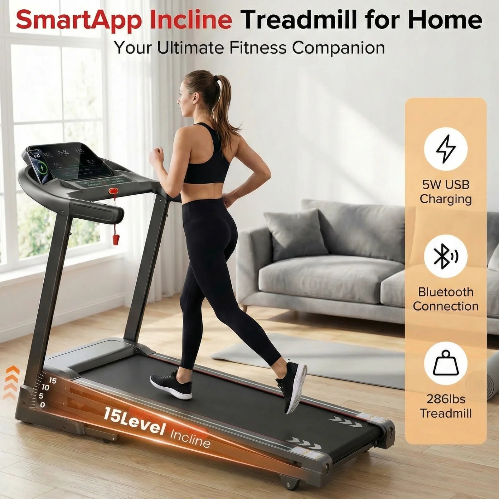 Auto Incline Treadmill Folding Electric Treadmill 286Lbs APP Bluetooth Exercise Treadmill for Home Office Speed Range of 0.6 to 9 Mph