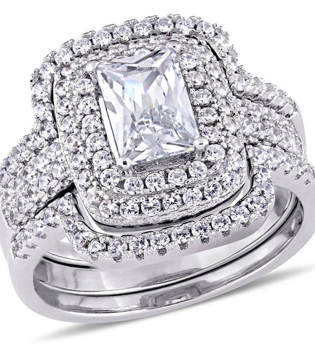 Women'S Cubic Zirconia and Emerald Sterling Silver Bridal Set