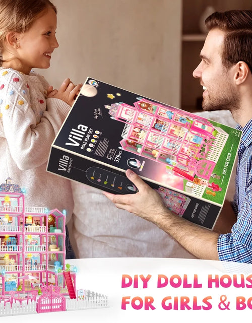 Load image into Gallery viewer, Doll House for Girls, 5-Story 19 Rooms Huge Dollhouse Playset with LED Lights, 2 Dolls, Furnitures, Accessories, DIY Pretend Play House Toys Gifts for Kids, Pink
