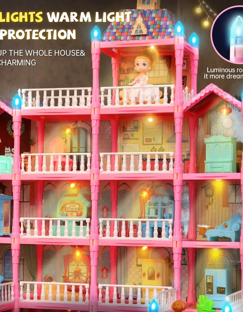 Load image into Gallery viewer, Doll House for Girls, 5-Story 19 Rooms Huge Dollhouse Playset with LED Lights, 2 Dolls, Furnitures, Accessories, DIY Pretend Play House Toys Gifts for Kids, Pink

