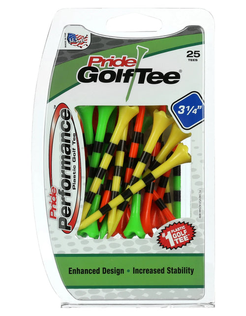 Load image into Gallery viewer, Pride Performance Plastic Golf Tees, 3-1/4" Length, Striped Fruit Mix, 25 Count, Low-Resistance Head for Golf, Longer Drives, Durable Plastic
